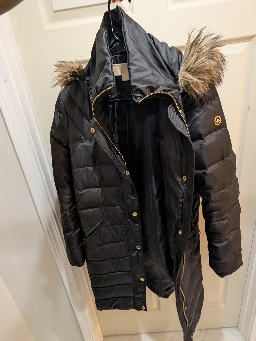 Michael Kors Black Quilted Long Puffer Coat with Faux Fur Trim